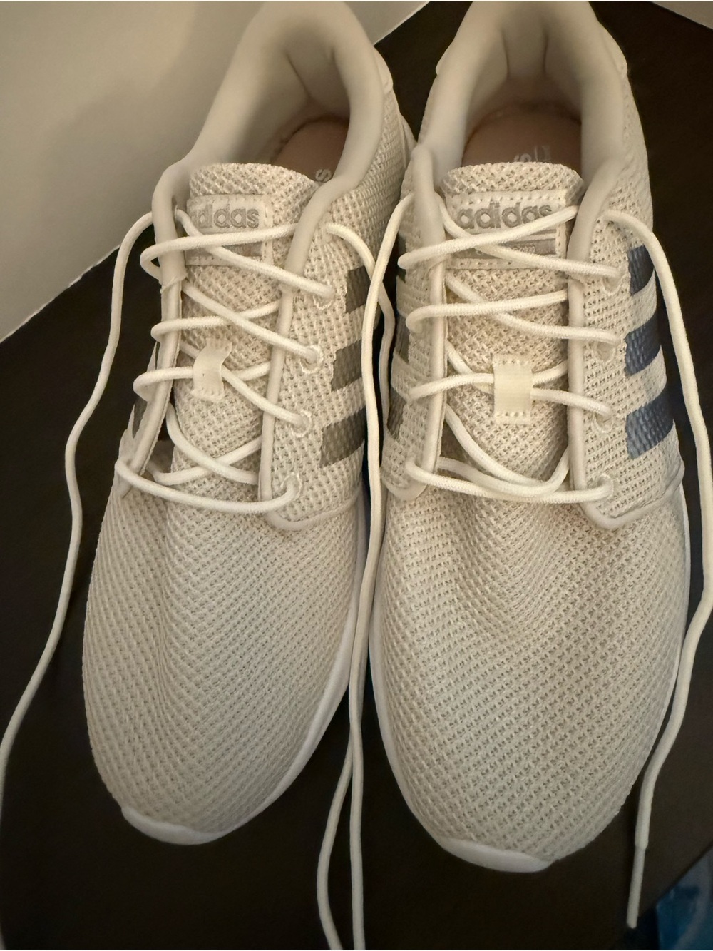 adidas womens  Off-White Knit Running Shoes with Gray Stripes